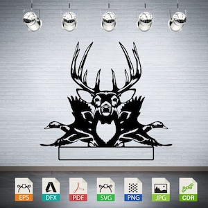 Buck and Ducks Monogram, Deer Head, Download digital vector files for instant use in laser cutting, CNC routing, engraving, wall stickers