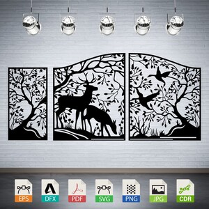 May include: Three black metal wall panels featuring a cut-out design of trees, deer, and birds. The panels are arranged in a row, with the deer panel in the centre.
