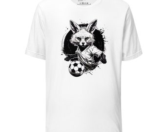 Op de afbeelding: Wit T-shirt met een zwart-witte afbeelding van een vos die voetbal speelt. De vos draagt een voetbaltenue en heeft een vastberaden uitdrukking op zijn gezicht.
