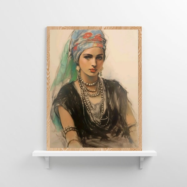 Portrait de Jeune Femme Algérienne | Pastel et Fusain | Affiche Déco