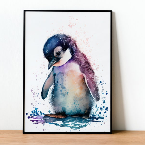 Adorable Watercolor Baby Penguin Printable Wall Hanging Animal Digital Print Instant Download Art Poster Home Decor Nursery Baby Shower Gift
