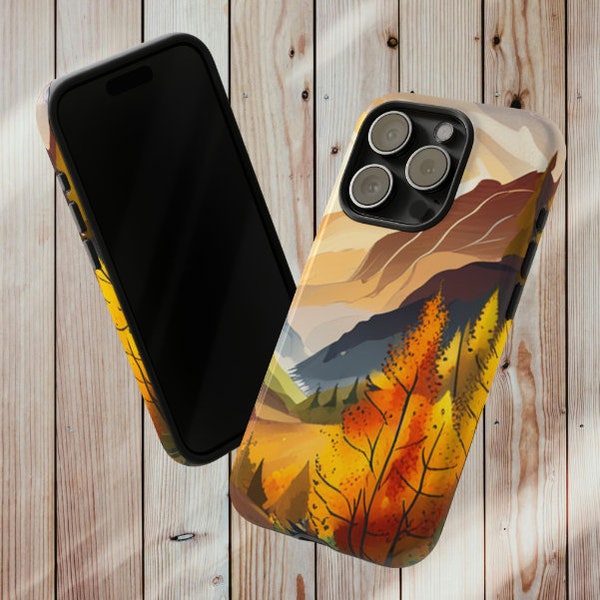 Étui robuste double couche Mountain Majesty pour iPhone : couleurs d'automne, feuillage d'automne, élégance de la nature, cadeau pour les amateurs d'aventure