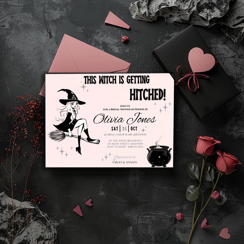 Halloween Bridal Shower "This Witch is Getting Hitched" Editable Invitation | Editable Canva Template image 6