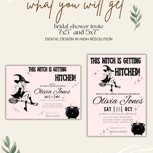 May include: Two pink and white bridal shower invitations with a witch illustration and the text "This witch is getting hitched!"  Join us for a bridal shower in honor of Olivia Jones.  Sat | 26 | Oct. at three o'clock in the afternoon.  At the Jones Residence.  123 Main Street, Madison.  RSVP to Ruby - 608.555.2123.  Registered at Target & Amazon.