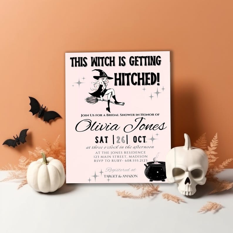 Halloween Bridal Shower "This Witch is Getting Hitched" Editable Invitation | Editable Canva Template image 5