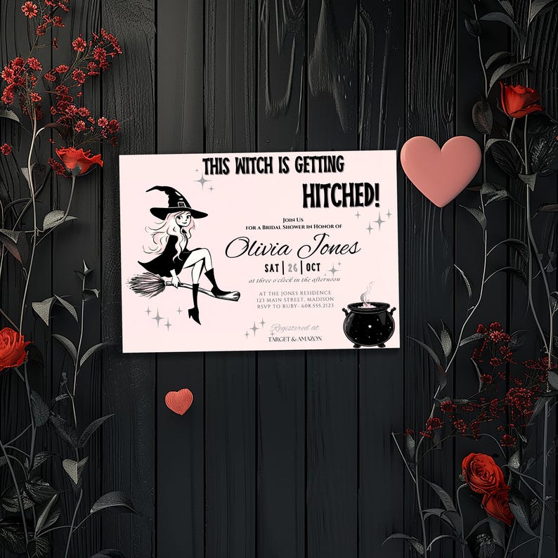 Halloween Bridal Shower "This Witch is Getting Hitched" Editable Invitation | Editable Canva Template image 2