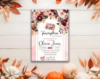 Baby Shower Invitation Template, &quot;A Little Pumpkin on the Way&quot; | Editable in Canva | Fall-Inspired Theme | Blush & Burgundy color scheme