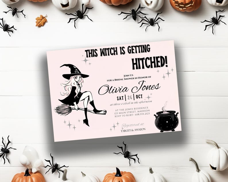 Halloween Bridal Shower "This Witch is Getting Hitched" Editable Invitation | Editable Canva Template image 4