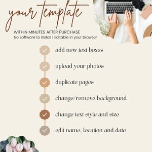 May include: A beige and brown graphic with the text "personalize your template" and a list of features: add new text boxes, upload your photos, duplicate pages, change/remove background, change text style and size, edit name, location and date. The graphic also includes the text "VISIT POSH & PIN EVENTS AT ETSY.COM".