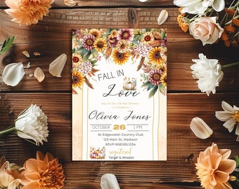 Sunflower Bridal Shower Invitation Template | Fall in Love Theme | Editable Canva Template | Instant Download