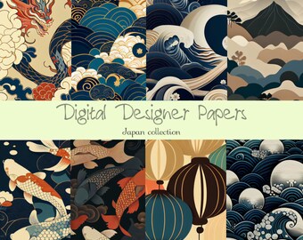 Japanese Culture Themed Digital Paper Set - Printable background - 8 Digital Patterns - 2 formats 3600x3600 PX (12x12 in) - 597x597 PX