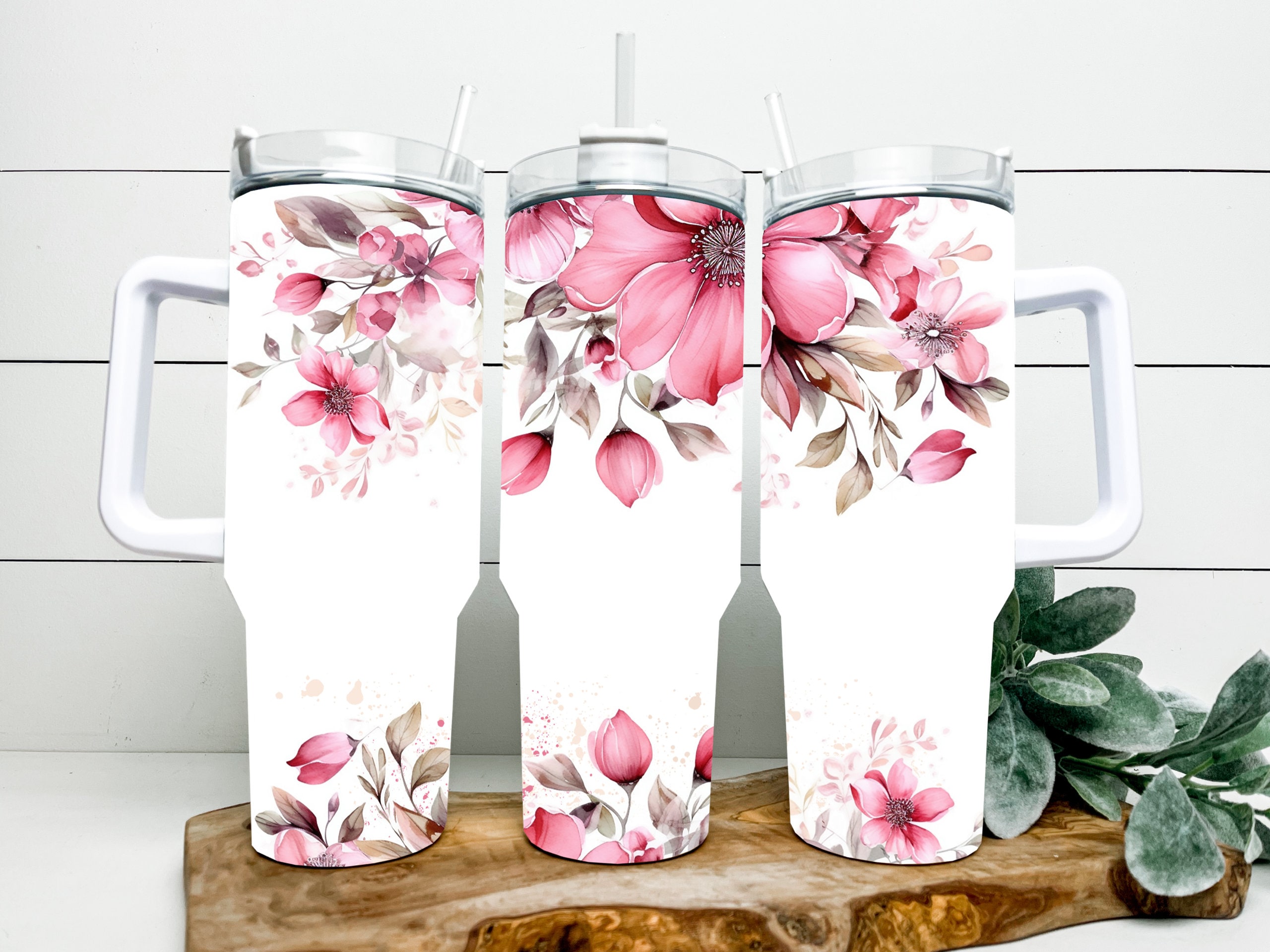 Pink 40oz tumbler with handle, Stanley Dupe with hand painted flower  dasies, Imagine, one of a kind floral wildflower design, water bottle