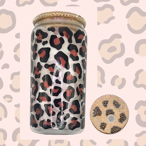 16oz Purple Shimmer Leopard Can Glass met Leopard Bling Deksel