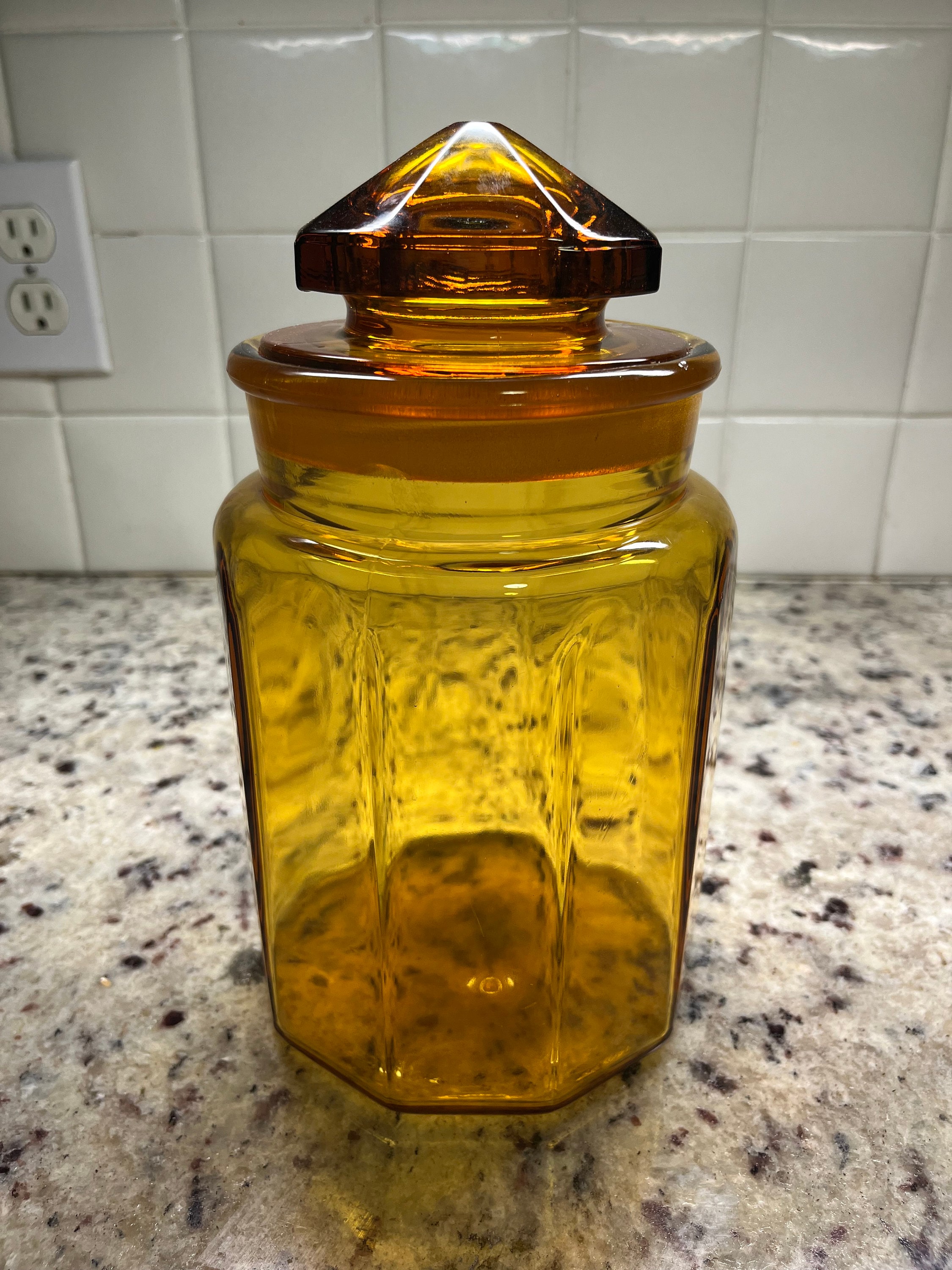 2 Vintage Brown Amber Glass Canister Storage Jars w/Lids EUC *
