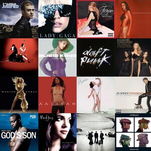 Puede incluir: Un collage de portadas de &aacute;lbumes de varios artistas musicales. Se ven "Justified" de Justin Timberlake, "The Fame" de Lady Gaga, "The Dutchess" de Fergie y "The Heat" de Toni Braxton. Otros artistas incluyen a Alicia Keys, Daft Punk, Mariah Carey y Aaliyah.