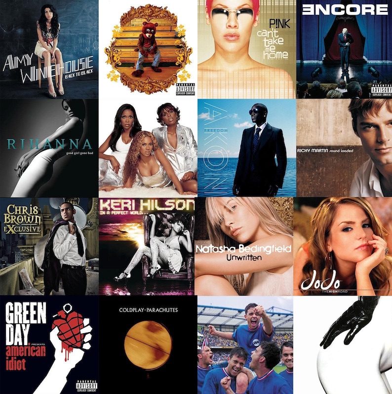Puede incluir: Un collage de portadas de &aacute;lbumes de varios artistas. Las portadas muestran diversos estilos, incluyendo retratos, dise&ntilde;os gr&aacute;ficos y fotograf&iacute;a art&iacute;stica. Los artistas incluyen a Amy Winehouse, Rihanna, Chris Brown y Green Day.