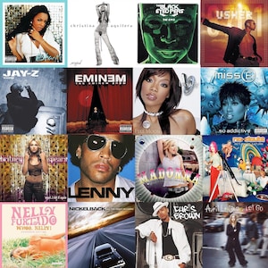 Puede incluir: Un collage de portadas de &aacute;lbumes de varios artistas. Incluye &aacute;lbumes de Ashanti, Christina Aguilera, The Black Eyed Peas, Usher, Jay-Z, Eminem, Brandy, Missy Elliott, Britney Spears, Lenny Kravitz, Madonna, No Doubt, Nelly Furtado, Nickelback, Chris Brown y Avril Lavigne.