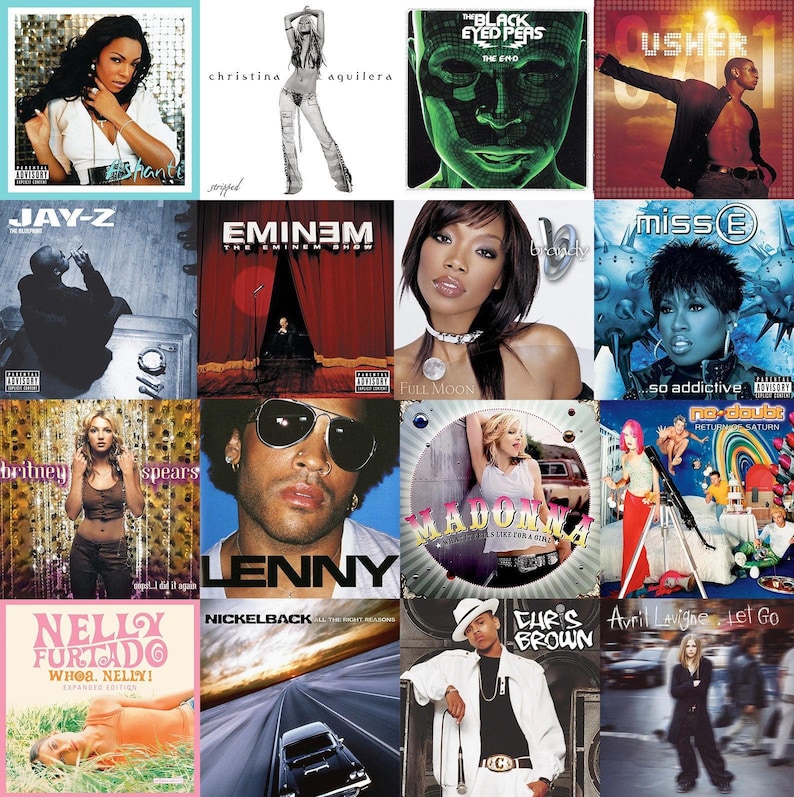 Puede incluir: Un collage de portadas de &aacute;lbumes de varios artistas. Incluye &aacute;lbumes de Ashanti, Christina Aguilera, The Black Eyed Peas, Usher, Jay-Z, Eminem, Brandy, Missy Elliott, Britney Spears, Lenny Kravitz, Madonna, No Doubt, Nelly Furtado, Nickelback, Chris Brown y Avril Lavigne.