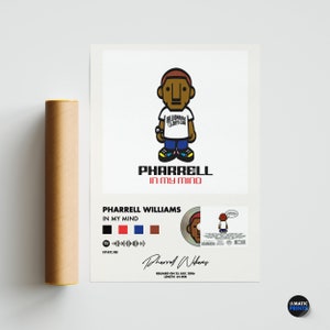 Puede incluir: Un póster con una ilustración de dibujos animados de Pharrell Williams con una camiseta blanca con el texto "BILLIONAIRE BOYS CLUB". El póster incluye el título del álbum "IN MY MIND" y un CD. Un tubo de póster marrón está a la izquierda.