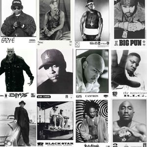 以下が含まれることがあります： 著名なヒップホップアーティストの白黒ポートレートのコレクション。Eazy-E、2Pac、50 Cent、Big Pun、Dr. Dre、Cam'ron、The Notorious B.I.G.、Black Star、Busta Rhymesの画像が含まれています。各ポートレートにはアーティスト名が記載されています。