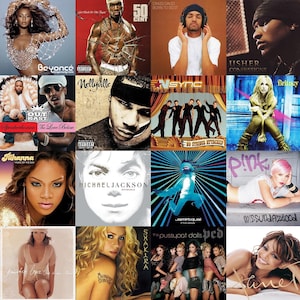 May include: A collection of album covers featuring artists such as Beyoncé, 50 Cent, Craig David, Usher, Outkast, Nelly, *NSYNC, Britney Spears, Rihanna, Michael Jackson, Jamiroquai, Pink, Jennifer Lopez, Shakira, The Pussycat Dolls, and Janet Jackson.