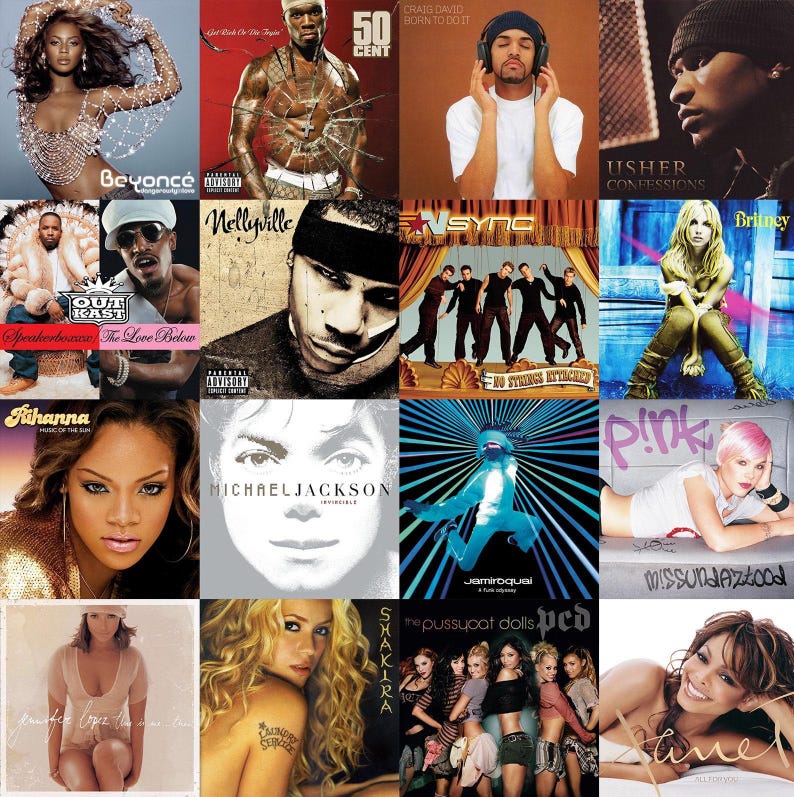 Puede incluir: Un collage de portadas de &aacute;lbumes de varios artistas, incluyendo a Beyonc&eacute;, 50 Cent, Craig David, Usher, Outkast, Nelly, *NSYNC, Britney Spears, Rihanna, Michael Jackson, Jamiroquai, Pink, Jennifer Lopez, Shakira, The Pussycat Dolls y Janet Jackson.