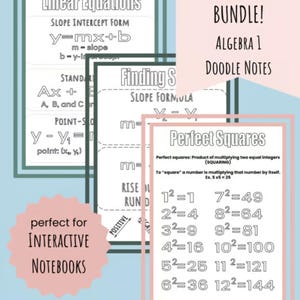 May include: Educational posters with algebra formulas and equations. The posters include topics like linear equations, slope formula, and perfect squares. The text "Growing Bundle! Algebra 1 Doodle Notes" is also visible.