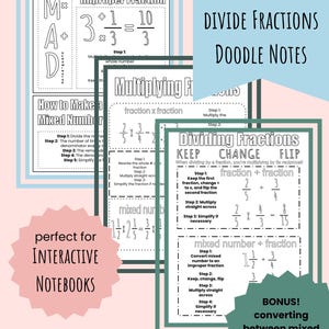 May include: Educational math worksheets titled Multiply & Divide Fractions Doodle Notes. The pages feature step-by-step instructions for converting improper fractions, multiplying fractions, and dividing fractions using the Keep Change Flip method.