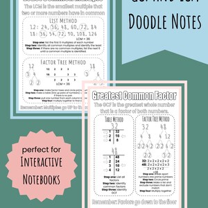 May include: Educational doodle notes on Greatest Common Factor (GCF) and Least Common Multiple (LCM) with examples using the list and factor tree methods. The notes are perfect for interactive notebooks. The text includes step-by-step instructions and visual aids.