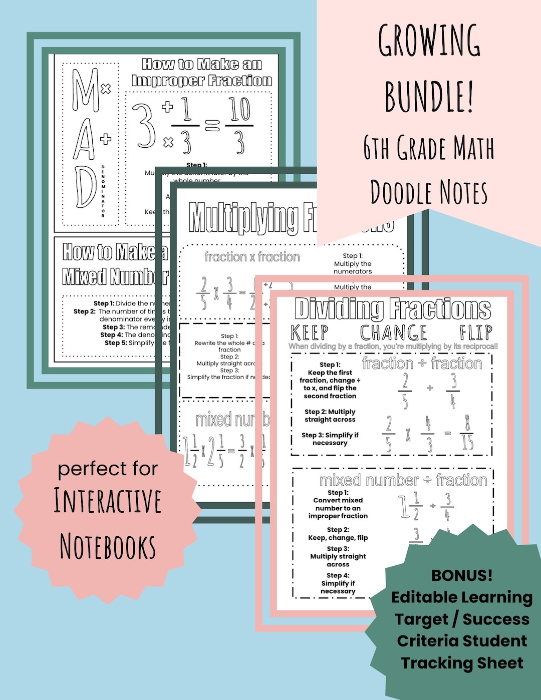 6th Grade Math Doodle Notes BUNDLE - Fractions, GCF, LCM, Etc. Sixth ...