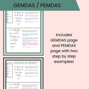 May include: A teal banner displays "NUMERICAL EXPRESSIONS NOTES" and "GEMDAS / PEMDAS." The image includes step-by-step examples for solving numerical expressions, with the text "Includes GEMDAS page and PEMDAS page with two step by step examples!"
