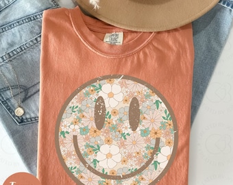 Oversized Smiling Face Tee| Happy Face Comfort Colors| Be Happy Shirt | Retro Smiley Face | Vintage Style Tshirt - floral, summer tee