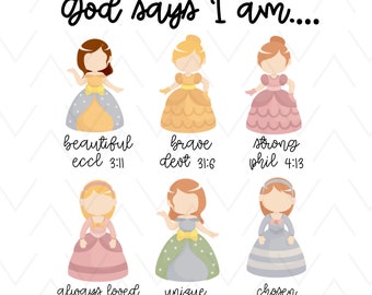 Dieu dit que je suis - princesse - conception de sublimation pour tout-petits, téléchargements de sublimation pour enfants, Png drôle, bébé Png, tout-petit Png, petite fille Png, Bible