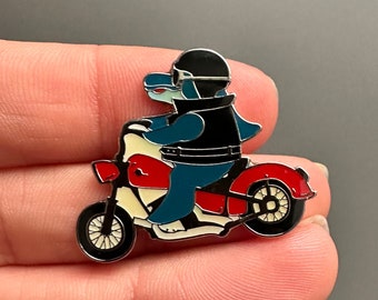 Shark riding a motorbike animal enamel lapel pin badge brooch