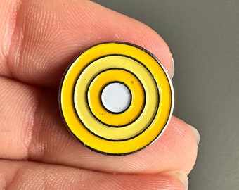 Yellow and white circular target enamel lapel pin badge brooch Breakthrough Breast Cancer Awareness