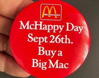 1980s - 1990s Vintage McHappy Day Sept 26th Buy a Big Mac McDonalds Novelty metal tin lapel pin button Badge
