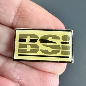 May include: A gold-colored metal pin with a black and white striped design that reads "BSI".