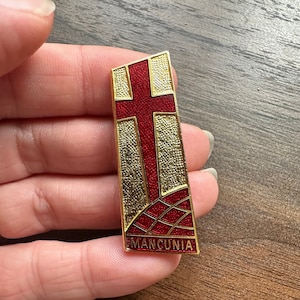 Vintage Mancunia red & golden enamel crucifix cross lapel Brooch Pin badge