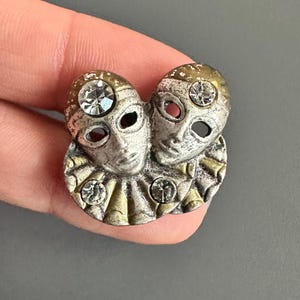Vintage Pierrot clown due with rhinestone gone silver tone lapel pin badge brooch