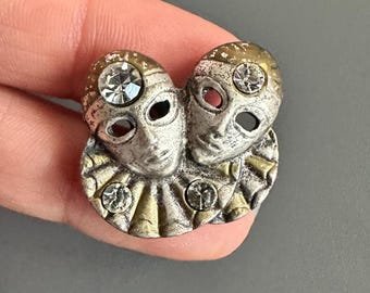Vintage Pierrot clown due with rhinestone gone silver tone lapel pin badge brooch