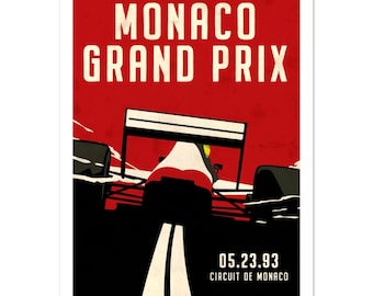 May include: A vintage-style poster with a red background and the words "MONACO GRAND PRIX" in large white letters. A race car is depicted from a low angle, with the date "05.23.93" and "CIRCUIT DE MONACO" below.