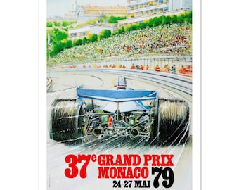 May include: Vintage poster for the 37th Grand Prix of Monaco in 1979. The artwork depicts a race car speeding on a track, with a crowd of spectators in the background. The poster has the text "37e GRAND PRIX MONACO 79" in red and black.