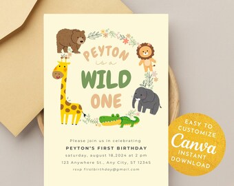 Green Wild One Party Invite, Safari Jungle Birthday Party Invitation Template, Editable Invite, First Birthday Party