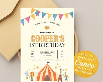 Circus Party Invite, Carnival Birthday Party Invitation Template, Editable Invite, First Birthday Party