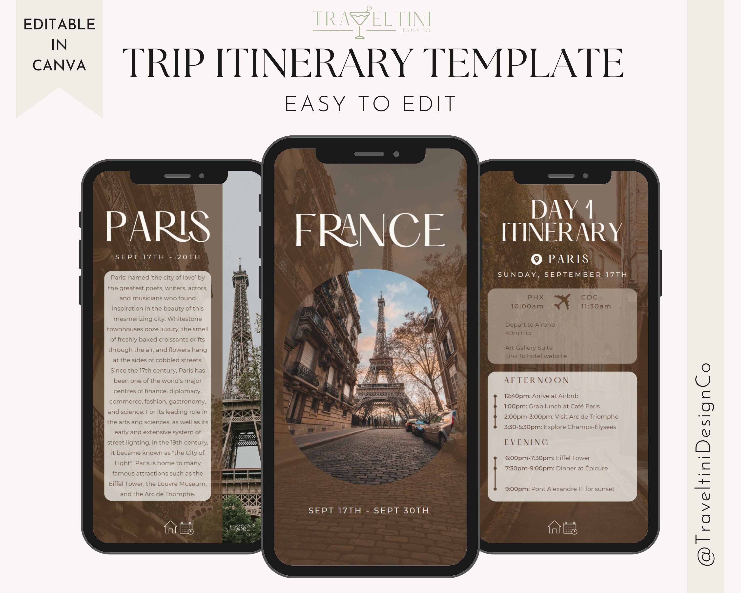 Digital Travel Itinerary Template - Vacation Planner Template - France ...