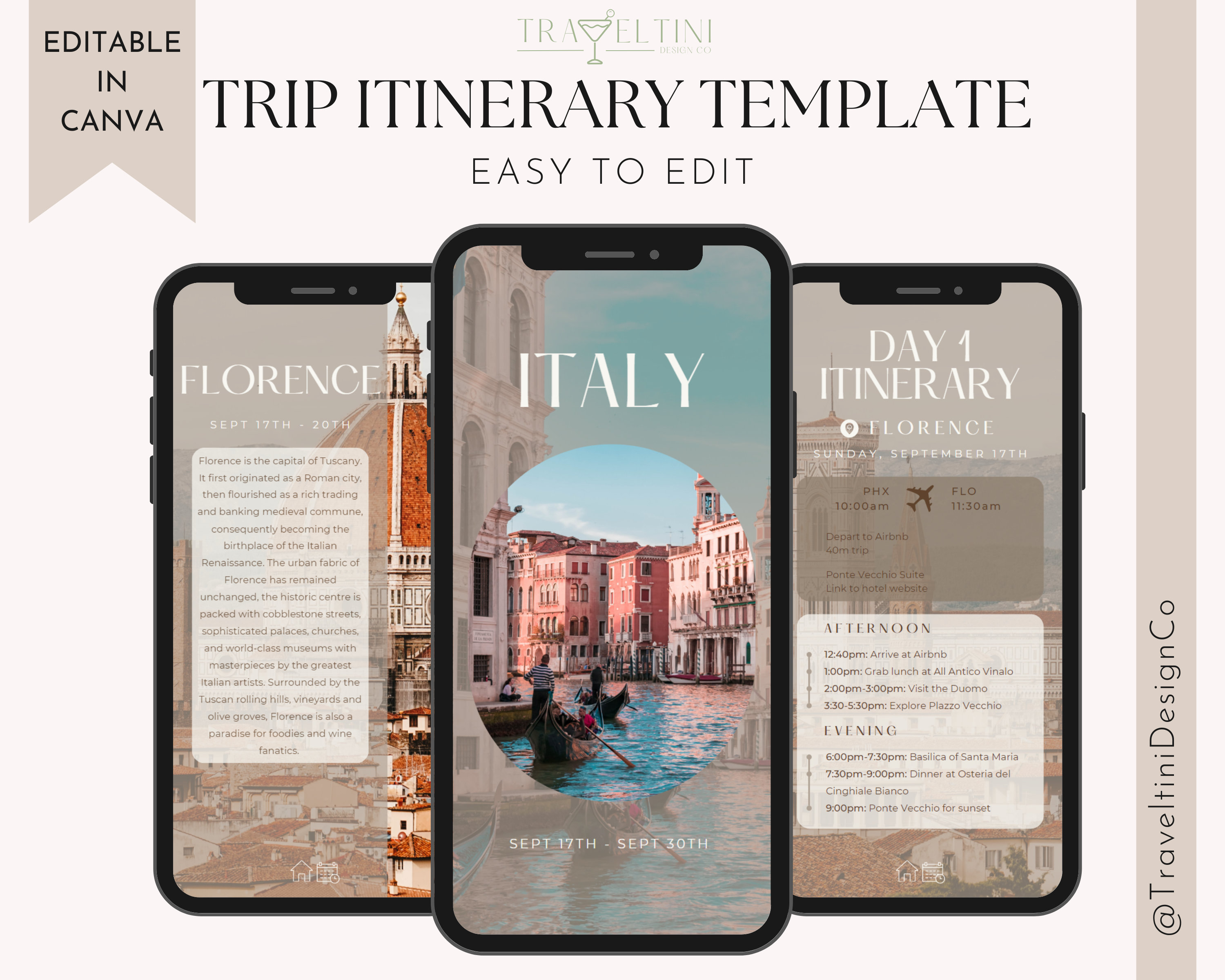 Digital Travel Itinerary Template - Vacation Planner Template - Italy ...