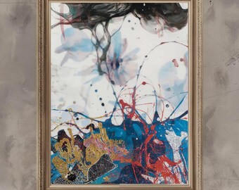 Abstract Dreamscape Art Print – Blue, Gold & Red Fluid Motion (Digital Download)