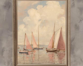 Seascape Painting Print – Boats Sailing on Calm Sea Coastal Decor (Digital Download)