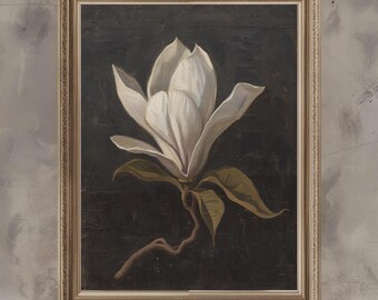Vintage Magnolia Bloom Art Print – Dark Botanical Floral Poster (Digital Download)