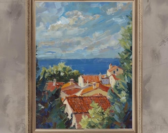 Coastal Town Rooftops Painting – Ocean View Art Print (Digital Download)